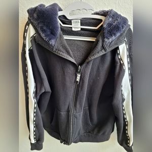 PINK Victoria's Secret black Hoodie with faux fur lined hood, size large